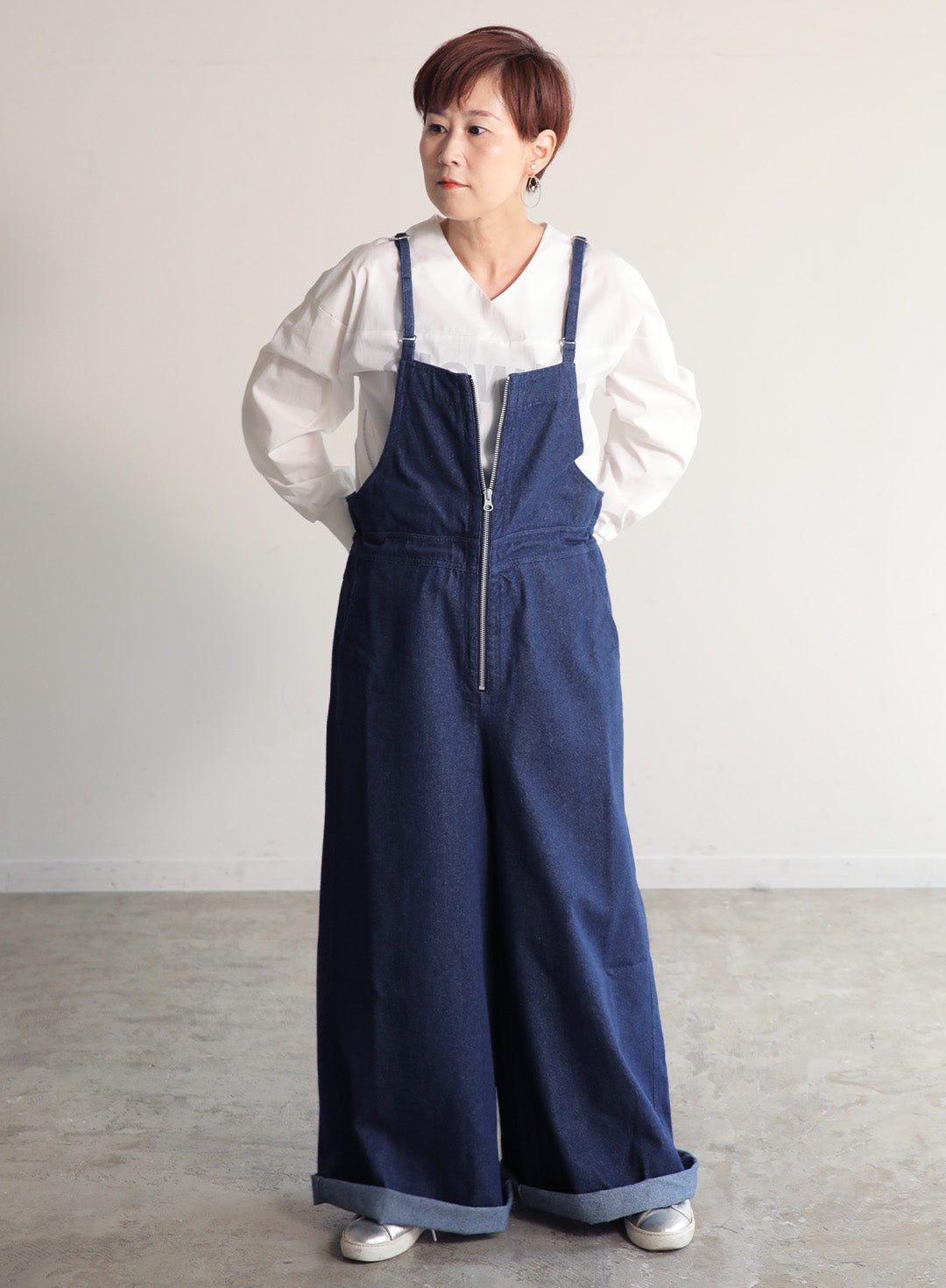 前ファスナーデニムサロペット