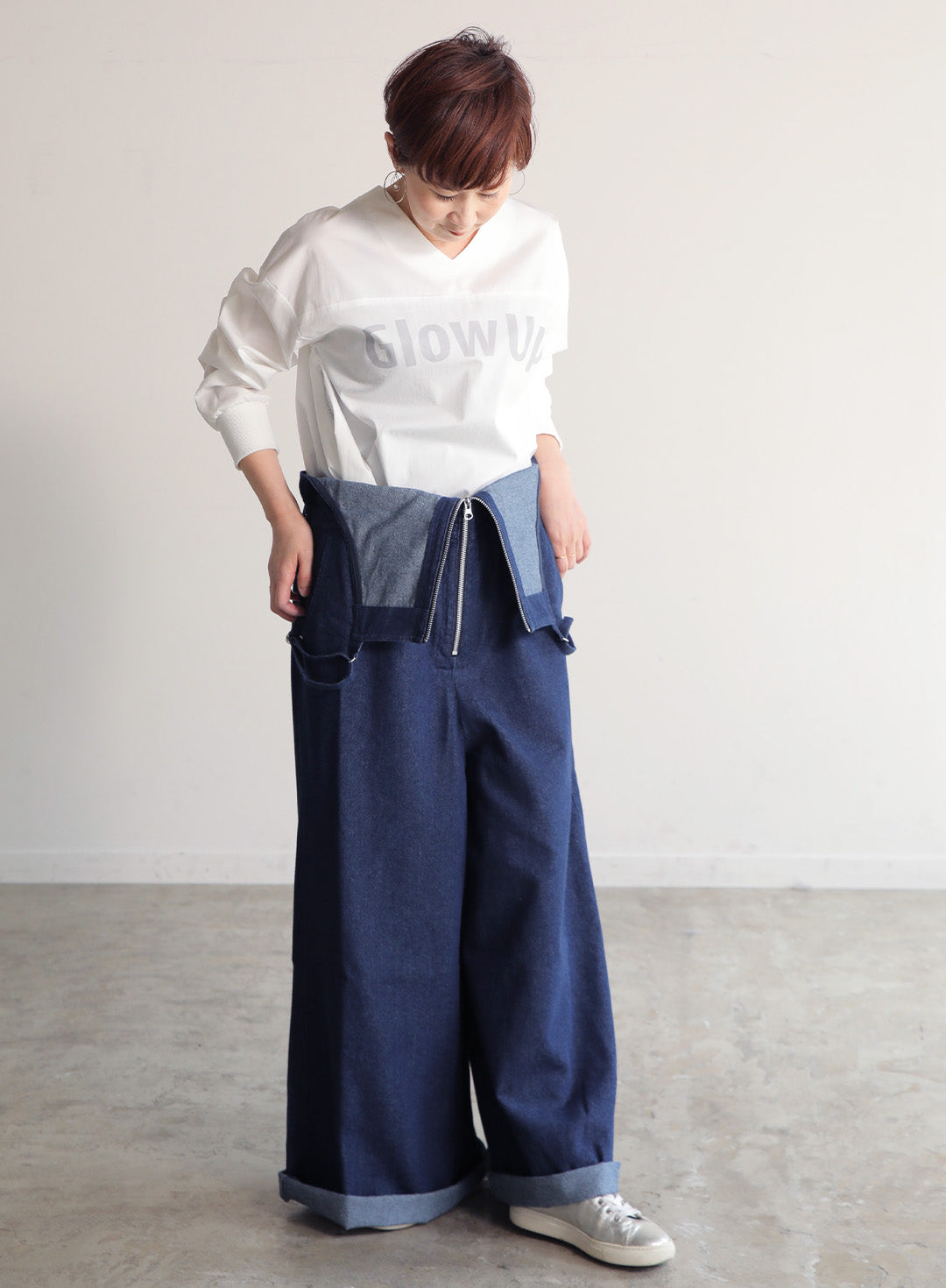 前ファスナーデニムサロペット