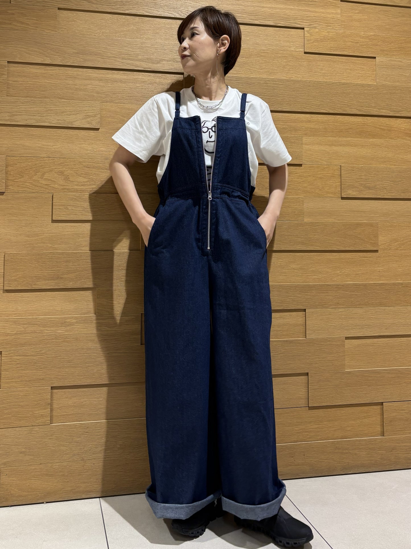 前ファスナーデニムサロペット