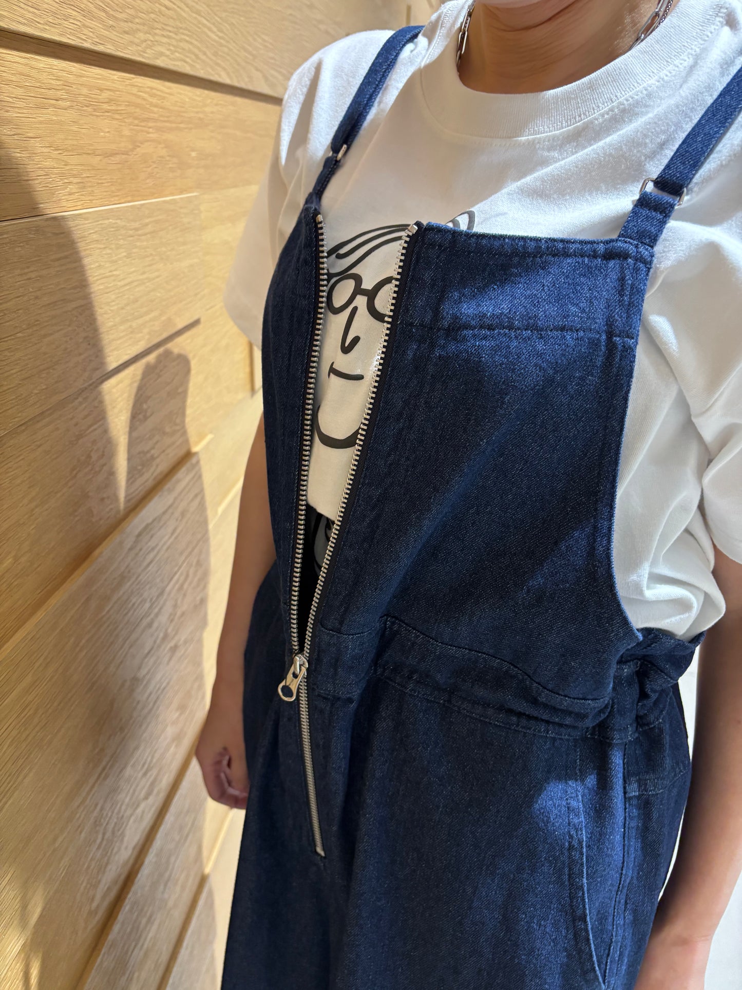 前ファスナーデニムサロペット